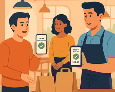 Ilustración en Hostelería, camarero validandoy recogiendo pedido Take Away Dighoreca a unos clientes