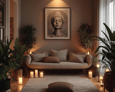 Minimalist meditation space with natural light and indoor plants for mindful living