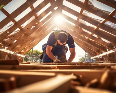 Worker installing roof trusses, illustrating bookkeeping services tailored to construction business.