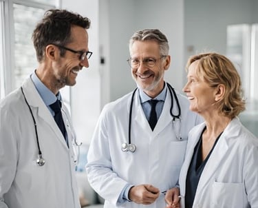 Drei Ärzte in weißen Kitteln, frisch über eine Ärztevermittlung in eine Klinik vermittelt.