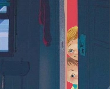 Two curious children peeking through a partially open door into a dimly lit room.