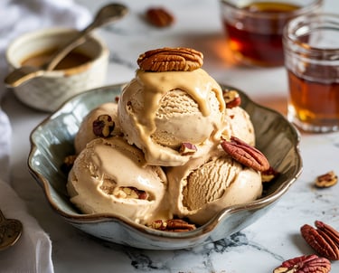 Scoops of vegan butter pecan ice cream in a bowl with candied pecans on top.