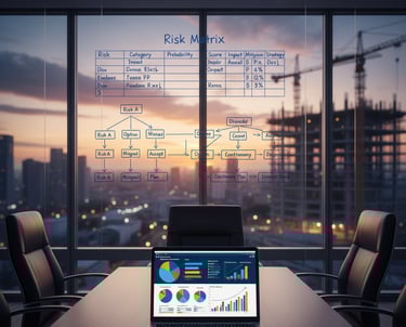 Risk management meeting with project team reviewing risk matrix.