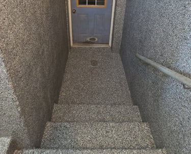 Seamless garage basement entry way stairs floor and walls decorative MMA flake