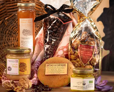 Miels et confitures artisanales, pâtes à tartiner et crèmes onctueuses, bonbon noix chocolat