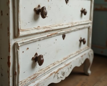 une ancienne commode blanche de deux tiroirs, un peu abimée par le temps