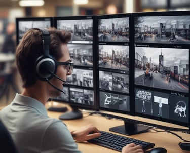 A professional monitoring agent at a desk with multiple live camera feeds displayed on screen.