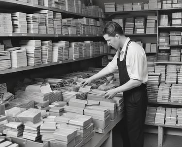 A person is carrying a large, heavily wrapped parcel on their back, using both hands to support it. The scene is captured in black and white, with a vehicle visible in the background, indicating an outdoor setting.