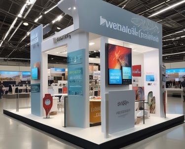 High-end audio equipment setup at a corporate event with sleek black and red accents.