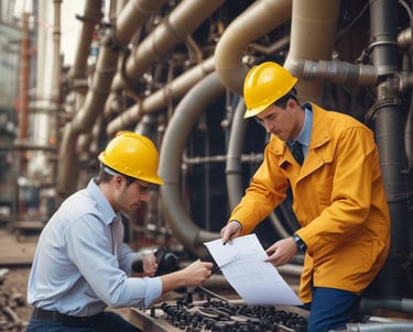 A professional examining a pipeline with tools in a laboratory setting.