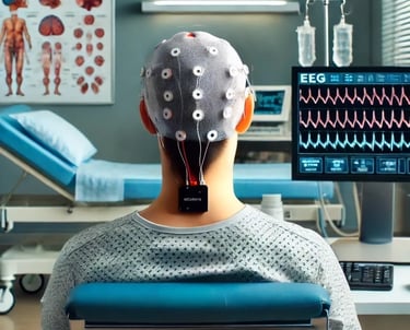 a person with a EEG cap on a chair