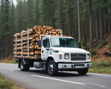 Un camion blanc avec un logo vert qui transporte des bois de chauffage su
