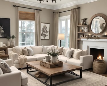 Modern farmhouse living room with white sectional sofa, neutral color palette, light wood coffee tab