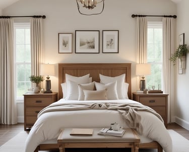 Modern farmhouse bedroom with wood bed frame, white layered bedding, neutral pillows, matching night