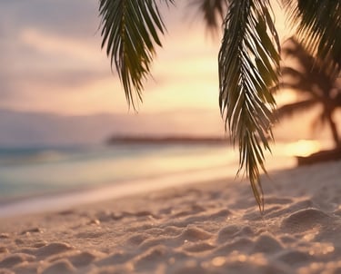 a palm tree on the beach with a sunset