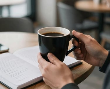 Close-up photography of a professional person's hands holding a black coffee mug in a sleek, modern Estonian cafe, soft morning light, a blurred notebook with financial notations in the background, professional blog style.