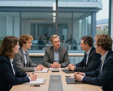 Candid photography of a business meeting in an Estonian high-tech boardroom, professionals engaged in discussion, view of modern architecture in the background, cool blue and gray tones, Northern European style.