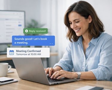 Smiling woman using a laptop to schedule a confirmed business meeting via chat notifications.