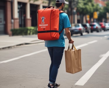 A friendly delivery person handing fresh market goods to a small restaurant owner at their doorstep.