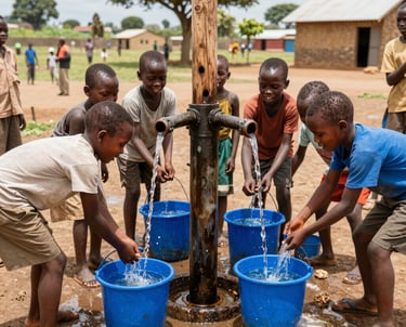 A vibrant community garden with children and adults tending to fresh vegetables under a bright sun.