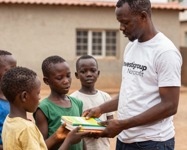 Smiling children receiving school supplies at a community event.