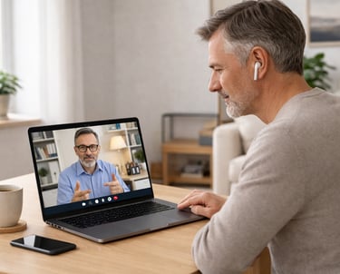 Online-Coaching über Laptop für digitale Themen und ChatGPT einfach erklärt für Einsteiger (KI-Bild)