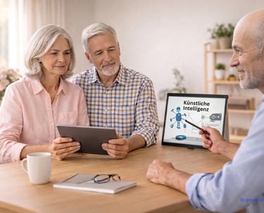 Coaching zu digitalen Themen zuhause bei einem älteren Paar