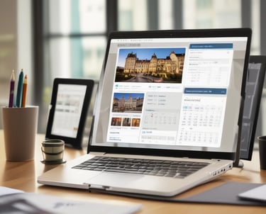A hotel manager smiling while using a laptop in a bright, modern lobby, with a clear calendar interface displayed on screen.