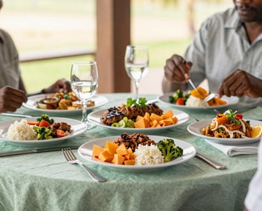 A brightly lit dining area in Mauritius where a delicious, colorful, and healthy meal is being served to a resident on a table with a soft green linen cloth.