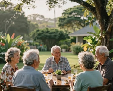 A group of happy seniors enjoying a gentle social activity in a lush, green outdoor garden in Mauritius, with soft morning sunlight filtering through tropical trees.