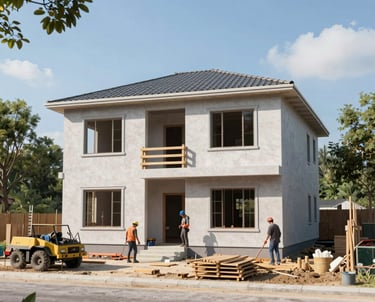 Construction site with workers coordinating building a modern house.