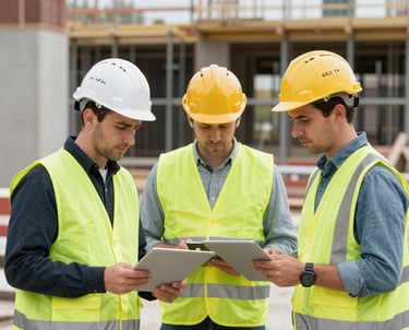 Construction workers collaborating on site with safety helmets and equipment.