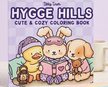 Hygge Hills cute and cozy coloring book featuring a duck, bunny, and puppy in pajamas reading a story.