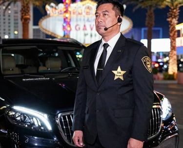 A sharp, dark-themed photo of Fortiva security personnel standing confidently in front of a sleek black SUV at night.