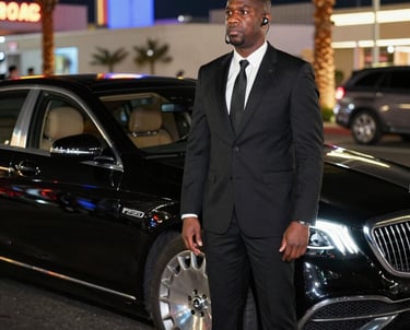An executive being escorted confidently by security personnel into a black luxury vehicle.