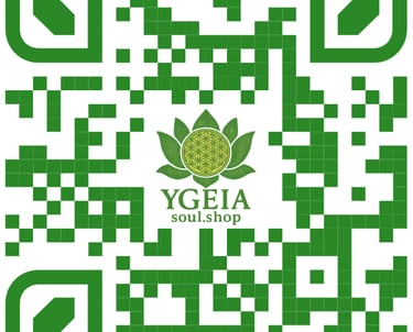 Green and white QR code for YGEIA soul shop featuring a lotus flower and Seed of Life logo.