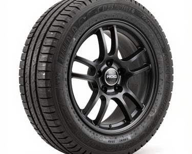 Rows of summer, all-season, and winter tires neatly displayed on shelves.