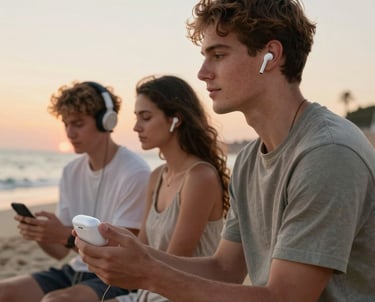 A sleek modern speaker surrounded by musical notes floating gently in the air.