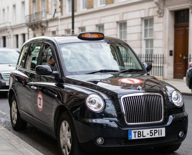 A professional taxi waiting outside an airport terminal for passengers.