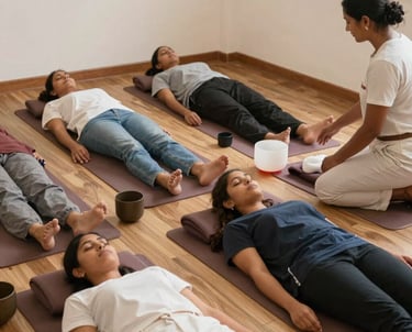 A serene group practicing yoga outdoors at sunrise, surrounded by nature.