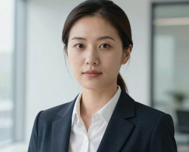 A professional headshot of a woman in business attire. Background is a clean, bright corporate setting with pale frost white walls and glass windows.