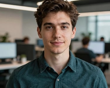 A professional headshot of a young professional man in a modern workspace. Background features blurred elements of a tech-focused logistics office in deep charcoal teal.