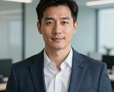 A professional headshot of a man in a smart casual business outfit. Clean, modern office background with soft slate blue tones. Sharp focus and bright lighting.