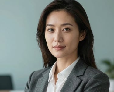 A professional headshot of a woman in a business suit, looking confident and friendly. Minimalist office background with muted ocean teal accents. Professional studio lighting.