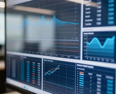 A close-up of a digital screen displaying complex data visualizations in shades of blue and white, with reflections of a modern office environment. Sharp and professional. Global / English-speaking.