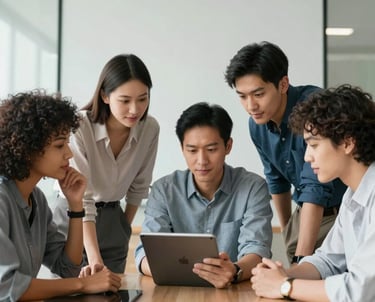 A clean, bright portrait of a diverse team collaborating over a tablet in a well-lit boardroom. The atmosphere is professional and innovative. Global / English-speaking.