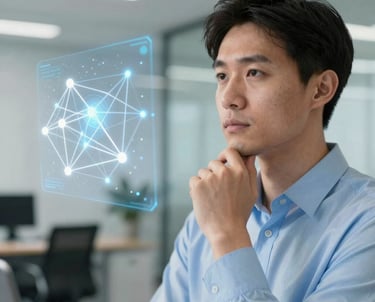 A close-up photograph of a professional person in a light blue shirt looking thoughtfully at a holographic representation of a node network. Soft focus background of a modern office. Global / English-speaking.