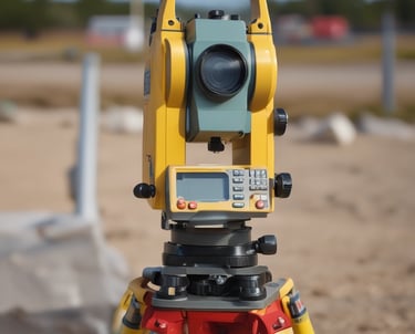 A professional surveyor using GPS equipment in the field surrounded by measurement tools.