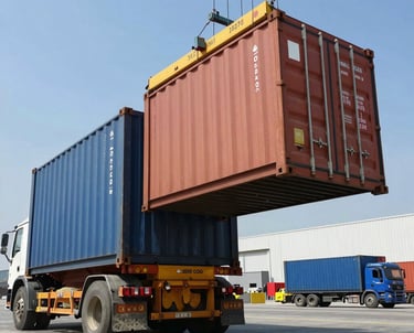 Workers efficiently loading goods into a container using a forklift.