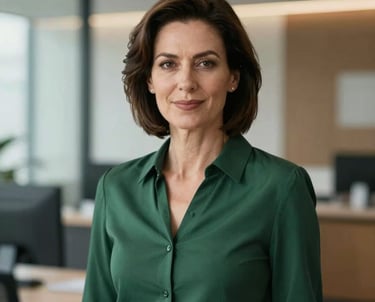 A professional portrait of an elegant female real estate consultant in her 40s, looking friendly and capable, dressed in a tasteful dark forest green blouse, in front of a softly blurred modern office setting, Central European context.